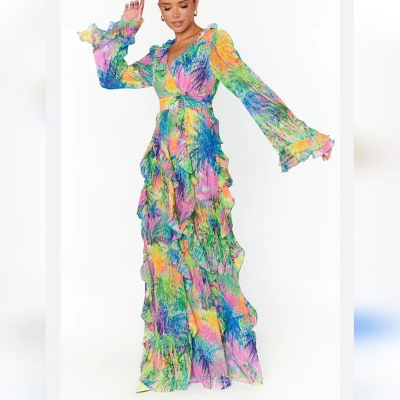 Show Me Your MuMu Dresses & Skirts - Show Me Your MuMu "Jenny" Chiffon Ruffled Maxi Dress, Colorful, Lined, Med NWT